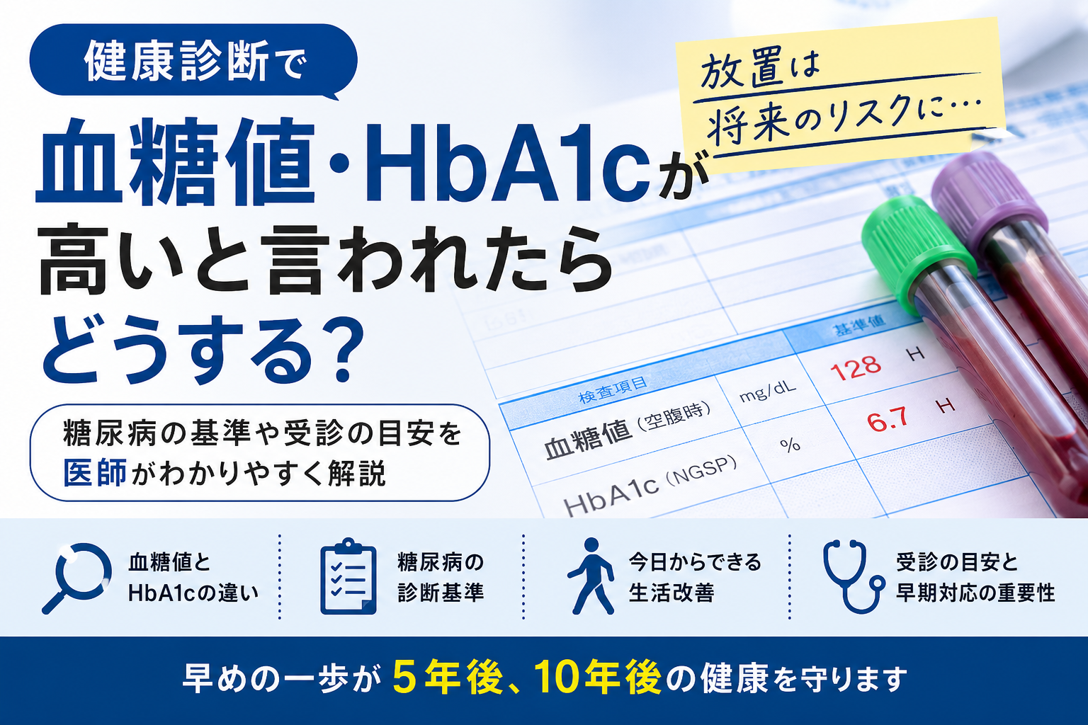 健康診断で血糖値・HbA1cが高いと言われたらどうする？糖尿病の基準や受診の目安を医師が解説
